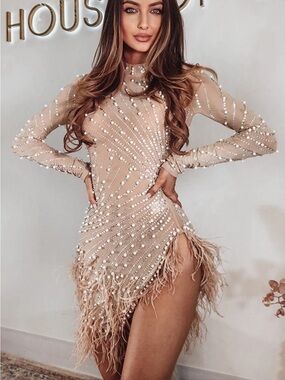 Nude Embellished Feather Hem Long-Sleeve Mini Dress